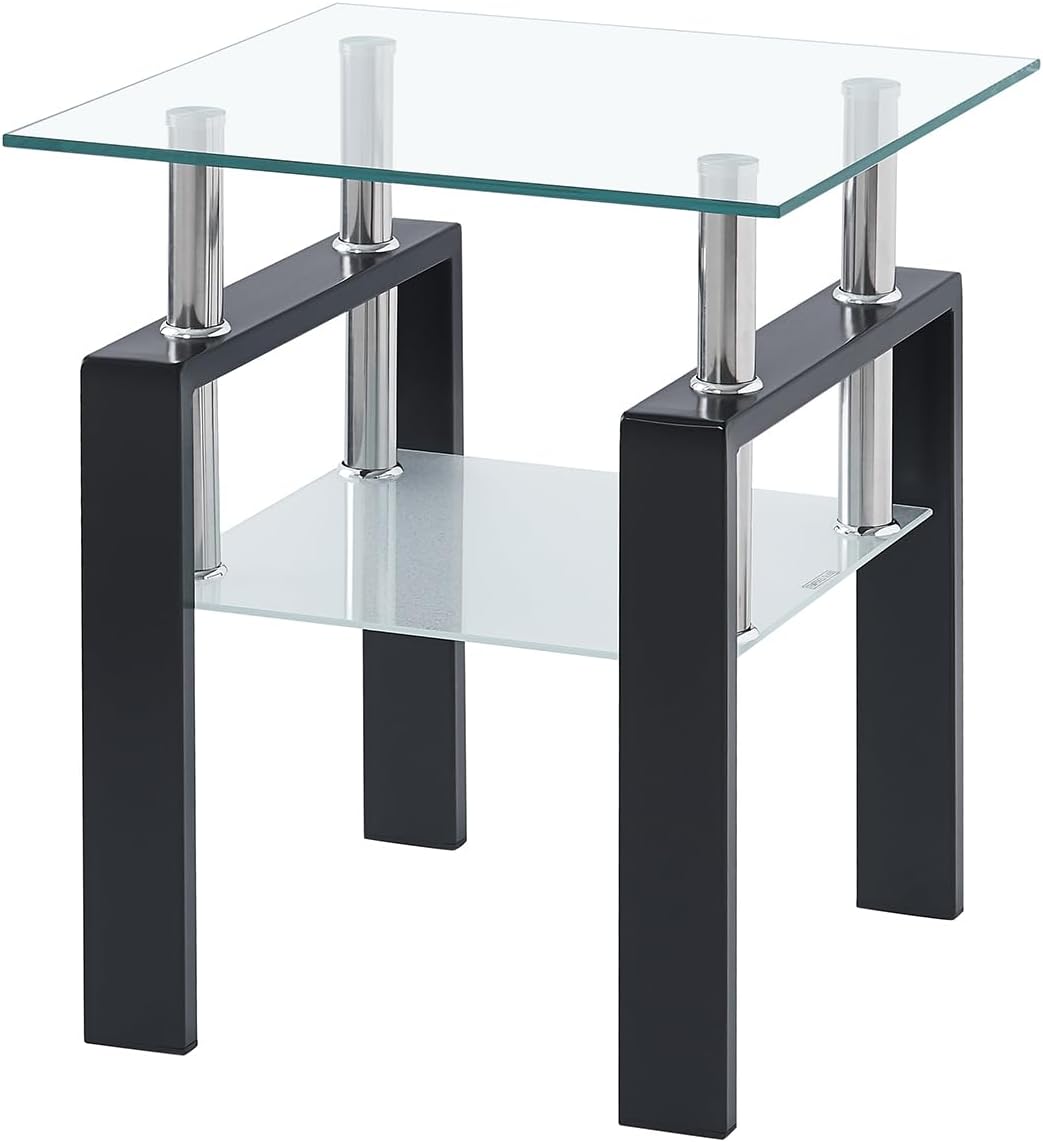 Black Frame 2-Tier Glass Side Table