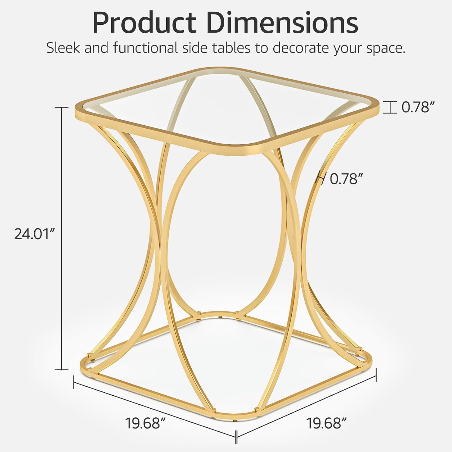 Gold Square Glass Side Table 19.68 Inch