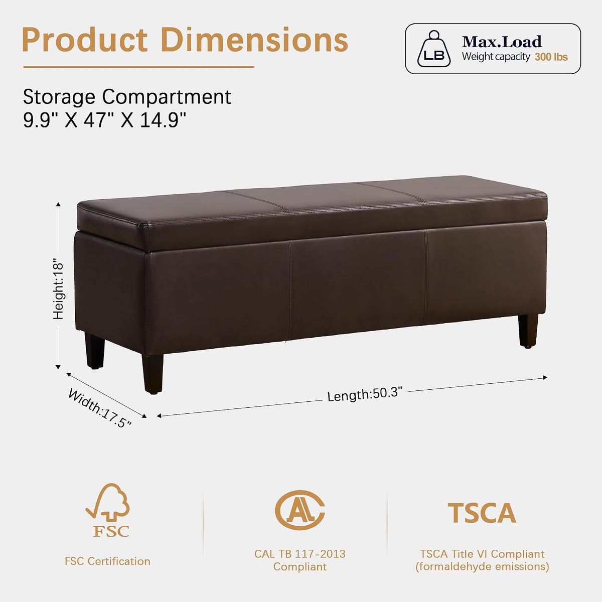 Brown Faux Leather Storage Ottoman Bench 50.3 Inch