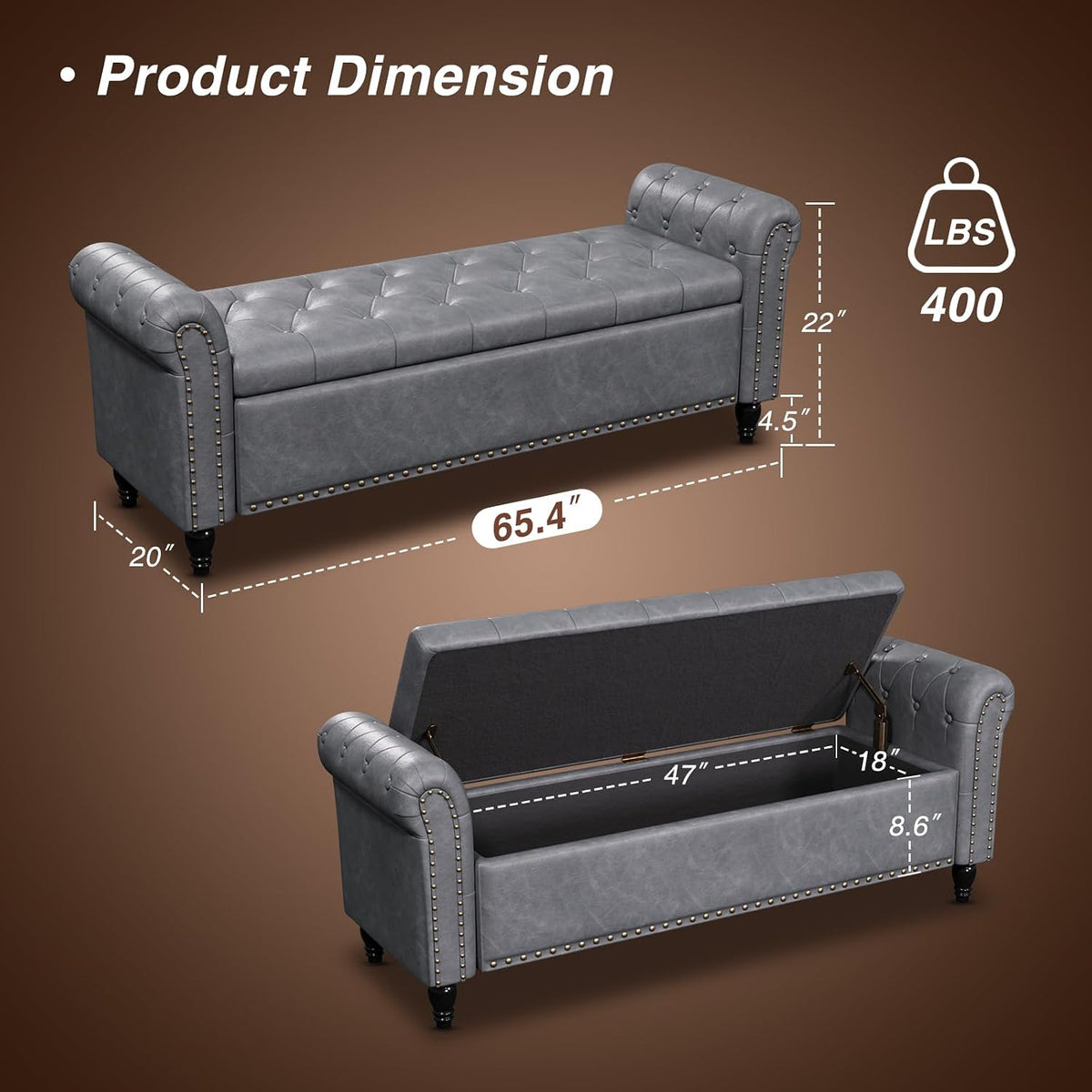 Gray Storage Bed Bench 65 Inch