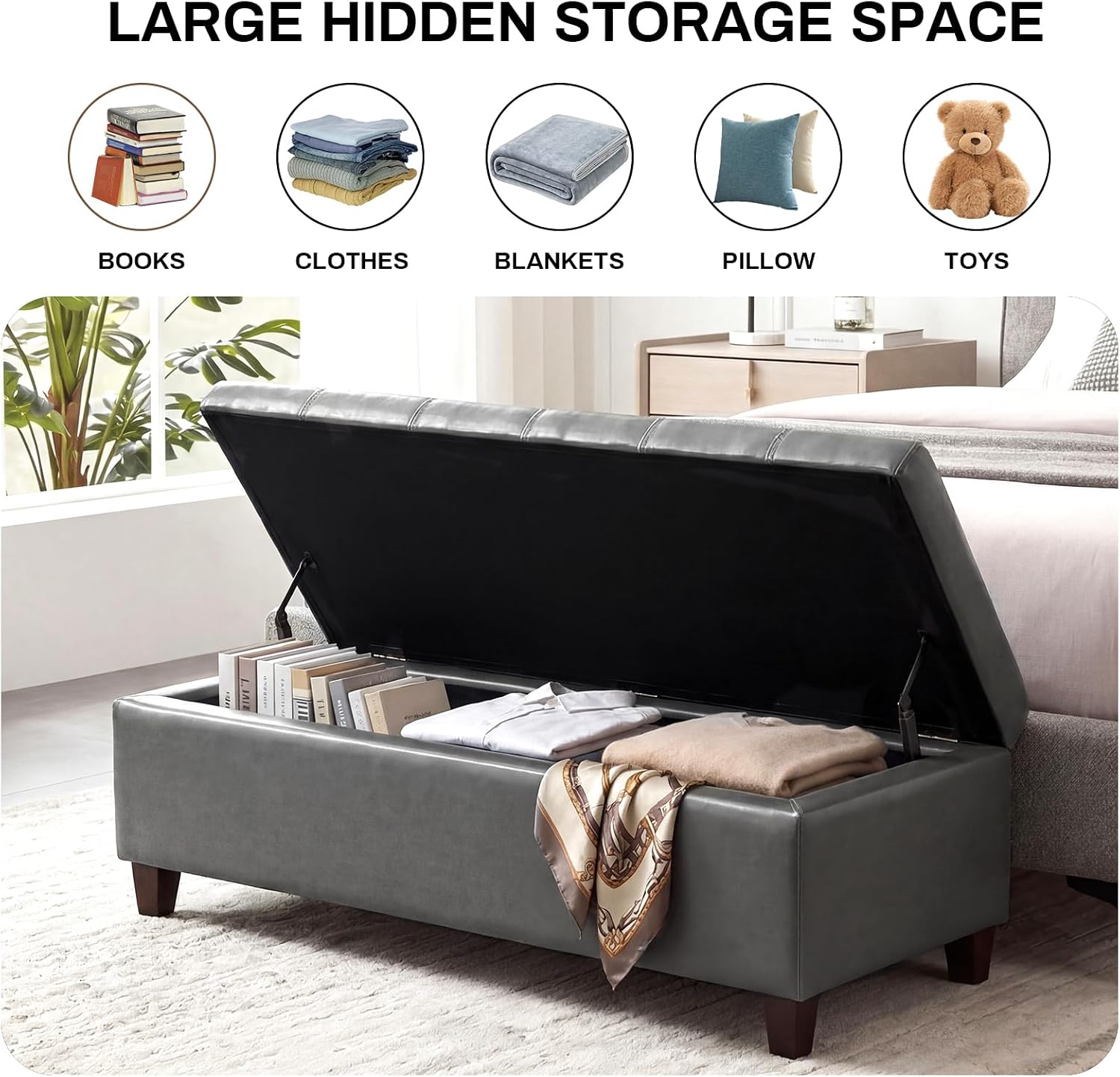 Gray Faux Leather Storage Ottoman Bench 51 Inch