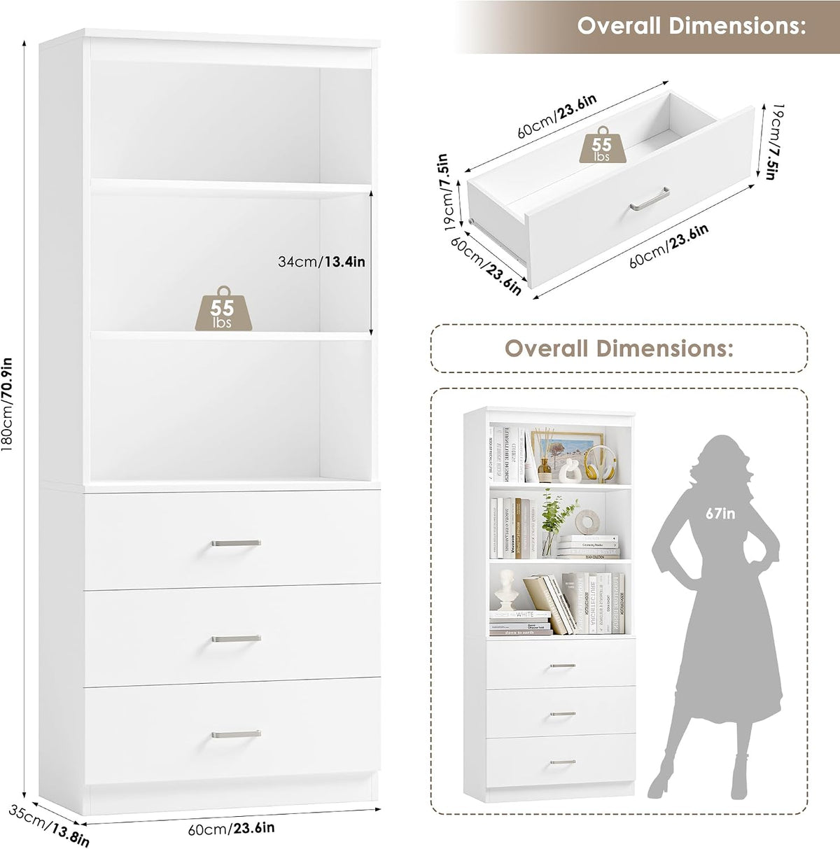 White Tall Bookshelf with Drawers 71 Inch