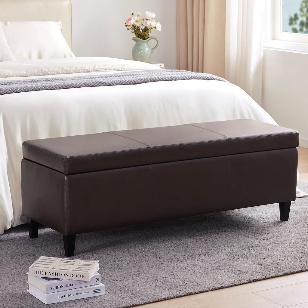 Brown Faux Leather Storage Ottoman Bench 50.3 Inch