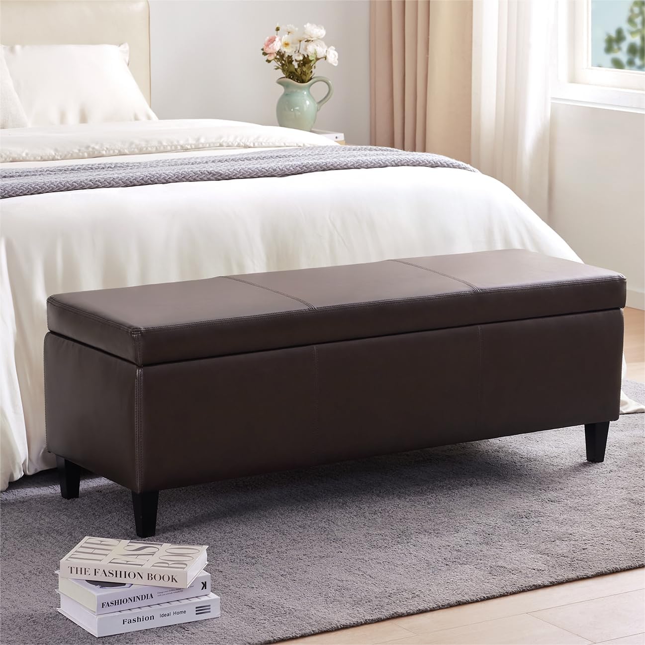 Brown Faux Leather Storage Ottoman Bench 50.3 Inch