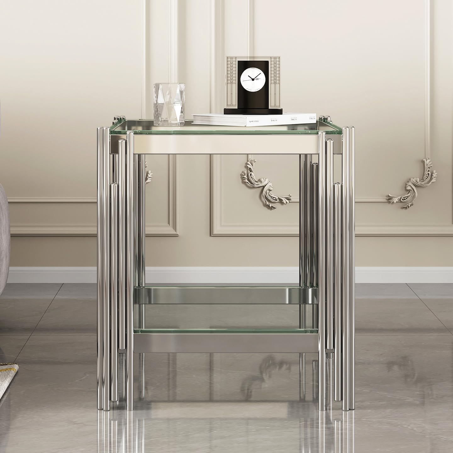 Silver Mirror Base Glass Side Table