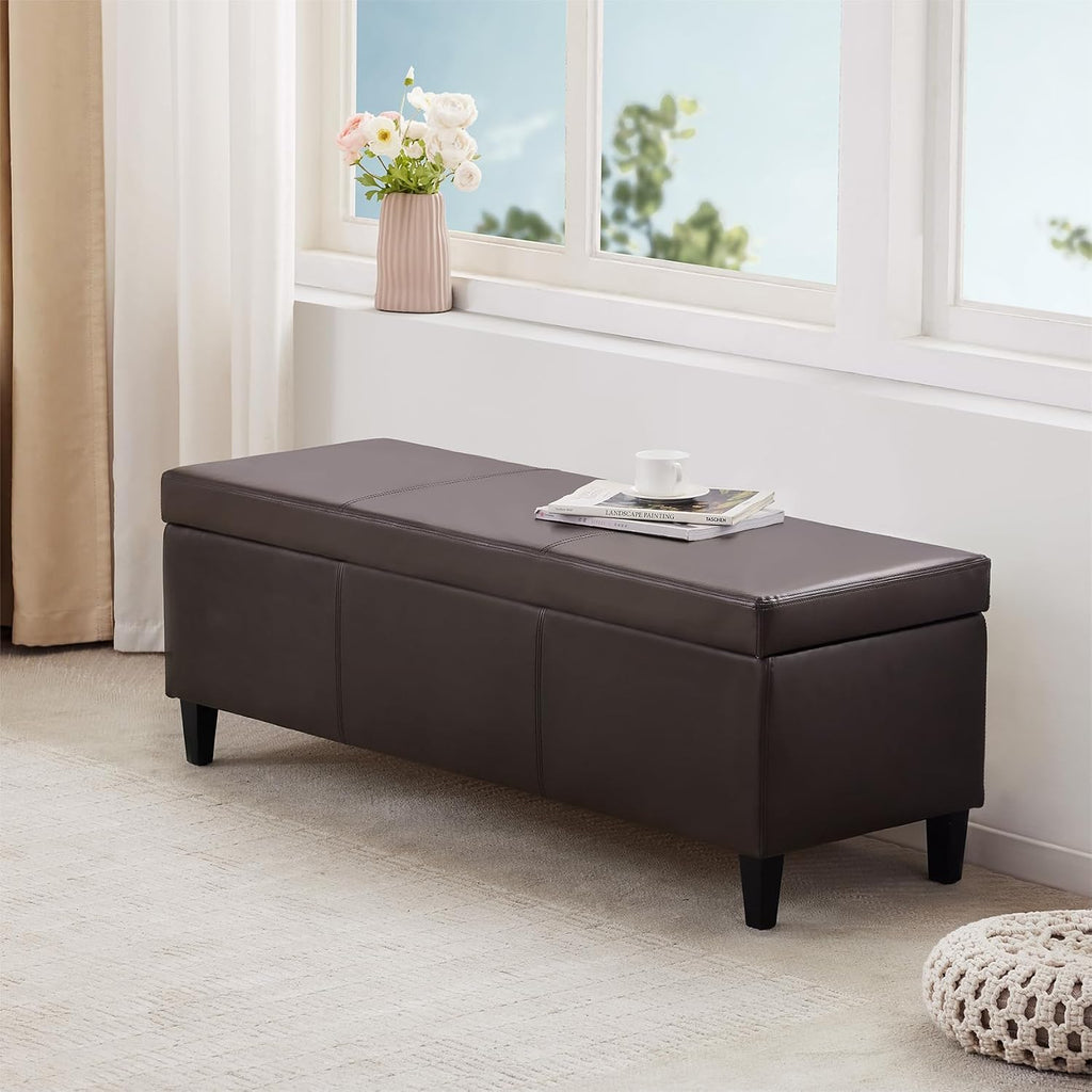 Brown Faux Leather Storage Ottoman Bench 50.3 Inch