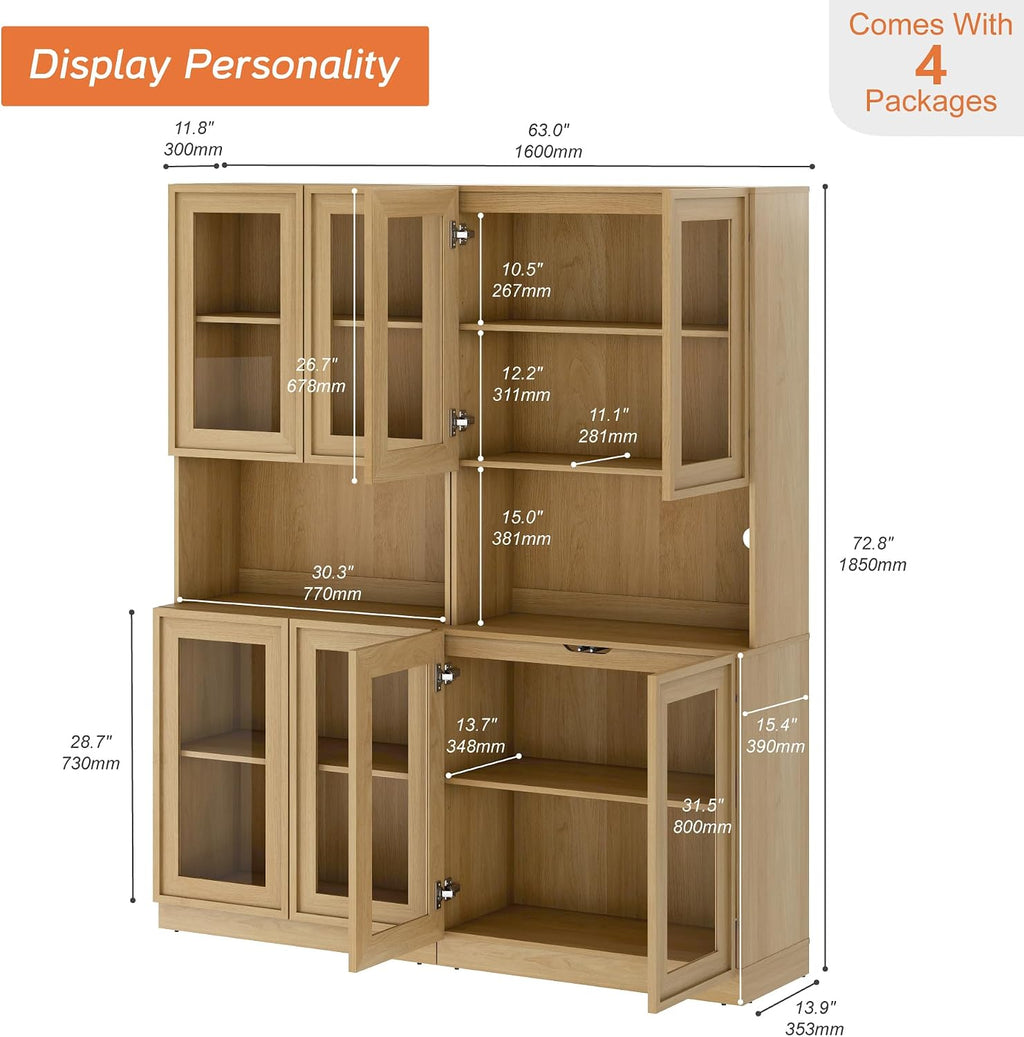 Oak Tall Glass Bookshelf 2 Pack 72 Inch