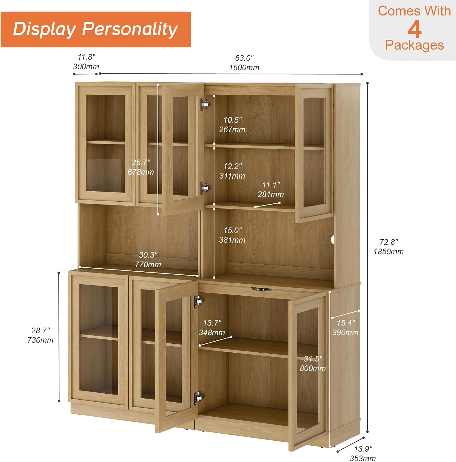 Oak Tall Glass Bookshelf 2 Pack 72 Inch