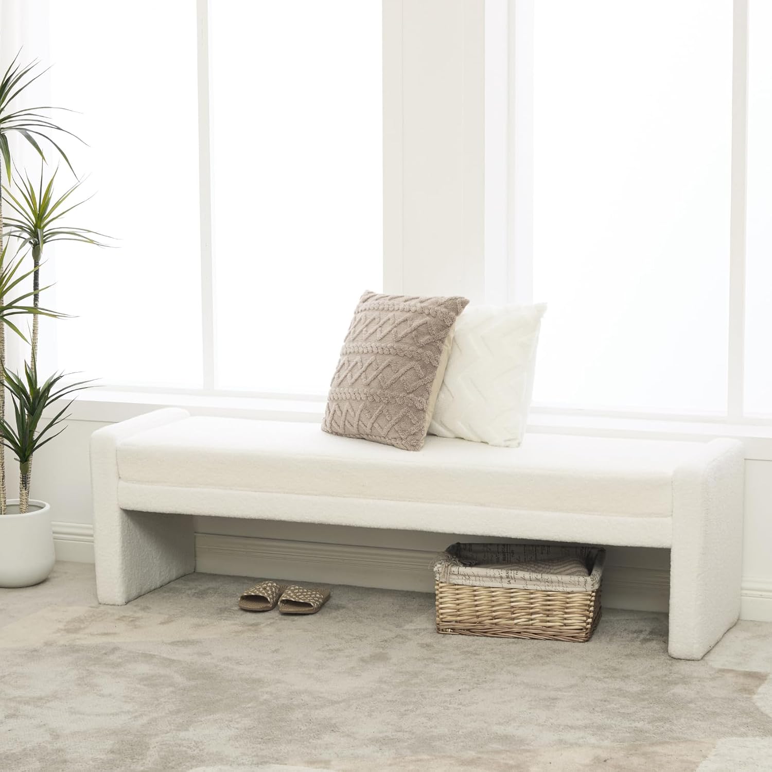 Ivory Boucle King Size Bed End Bench
