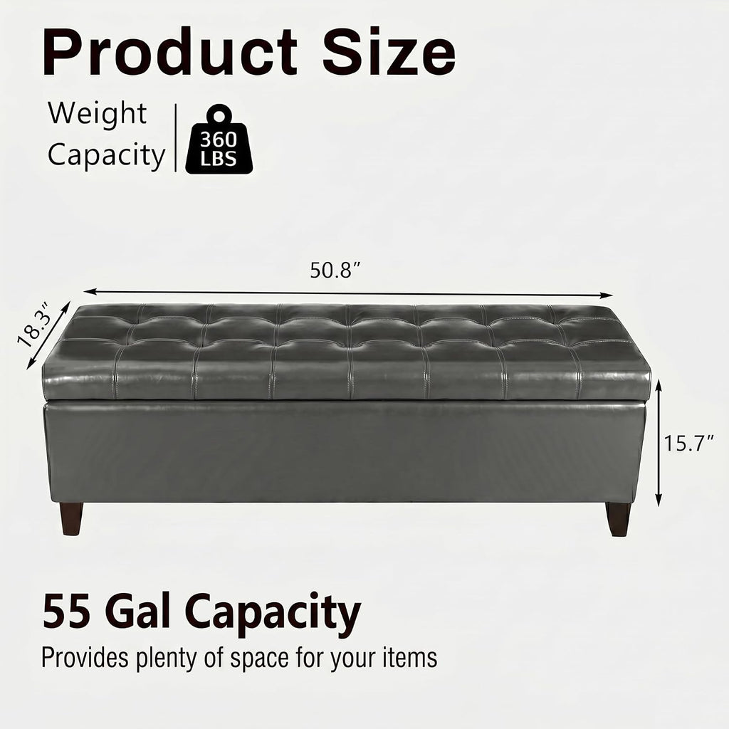 Gray Faux Leather Storage Ottoman Bench 51 Inch