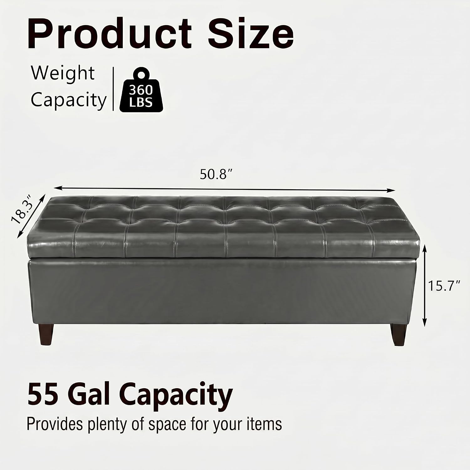 Gray Faux Leather Storage Ottoman Bench 51 Inch