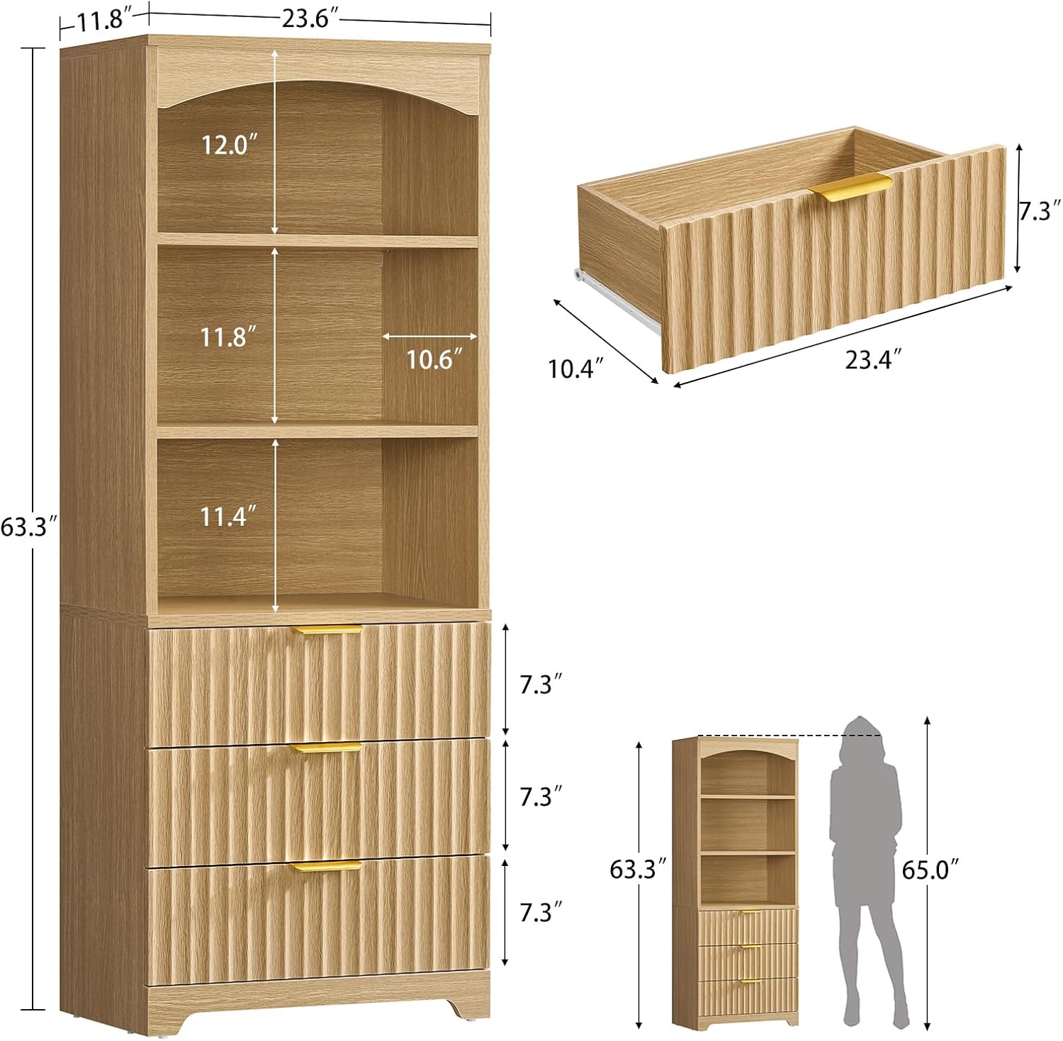 Natural Arched Tall Bookshelf with Drawers 63.3 Inch