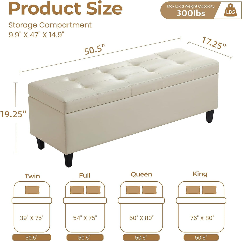 Cream Tufted Storage Ottoman Bench 50.5 Inch