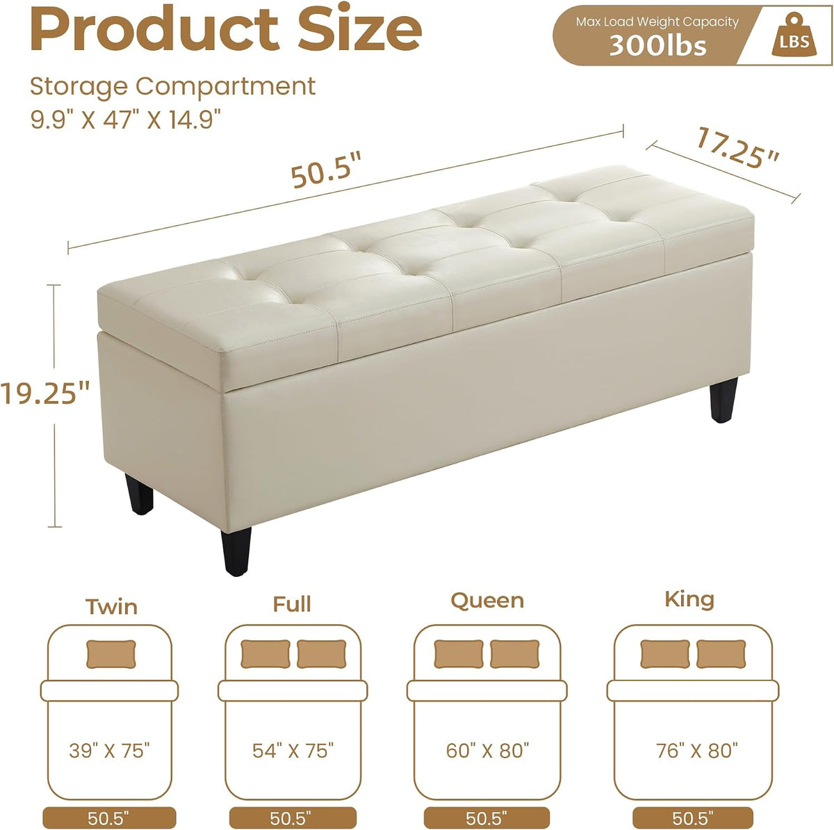 Cream Tufted Storage Ottoman Bench 50.5 Inch