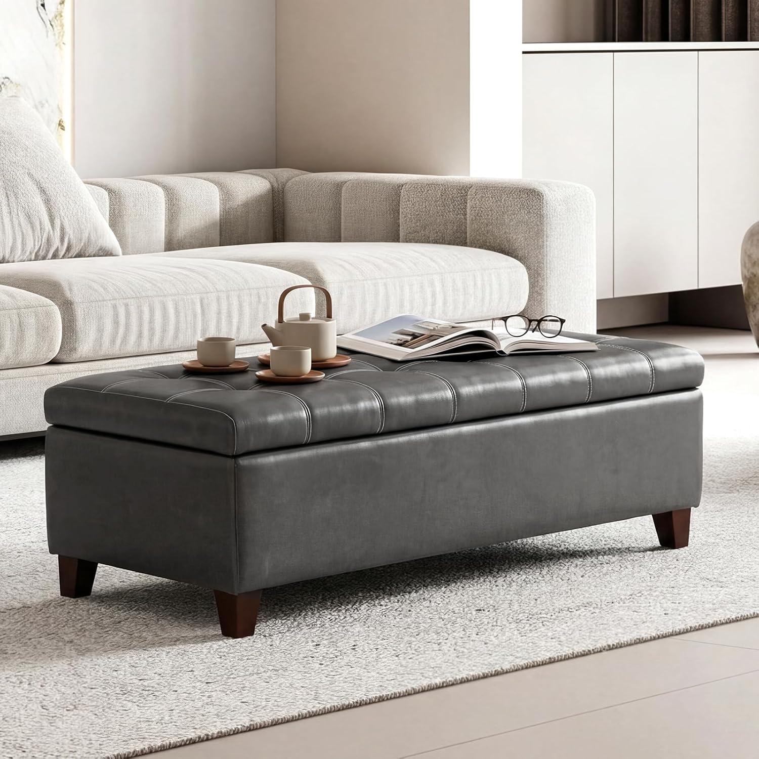 Gray Faux Leather Storage Ottoman Bench 51 Inch