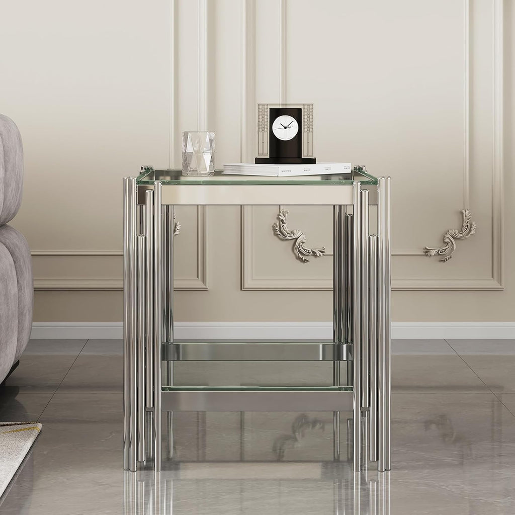 Silver Leg 2-Tier Glass Side Table