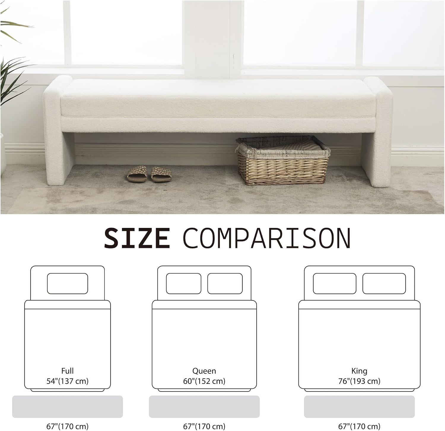 White Upholstered Bed End Bench 66.9 Inch