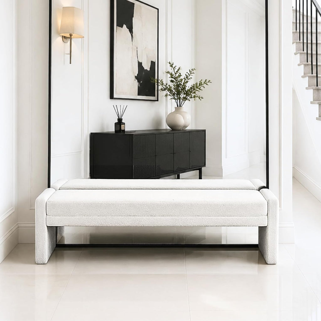 Ivory Boucle King Size Bed End Bench