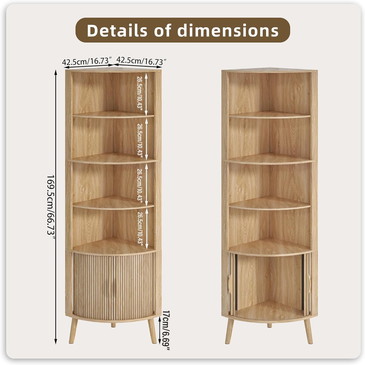 Oak Corner Bookshelf with Sliding Doors 66 Inch