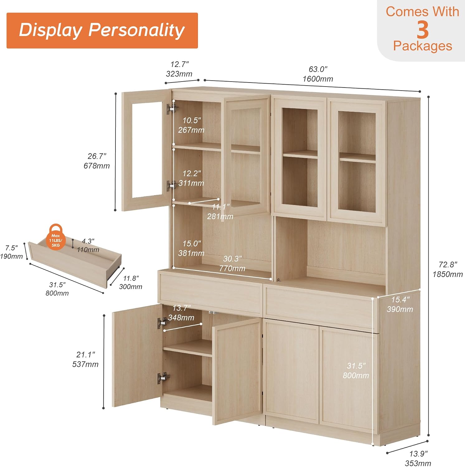 Beige Tall Glass Bookshelf 2 Pack