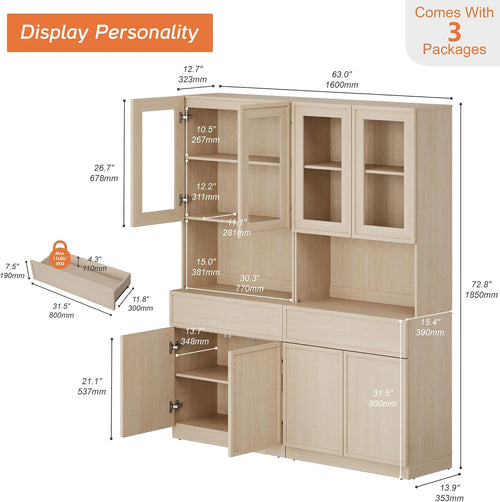 Beige Tall Glass Bookshelf 2 Pack