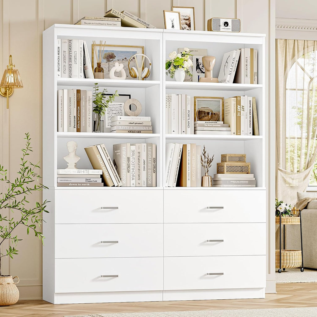 White Tall Bookshelf with Drawers 71 Inch