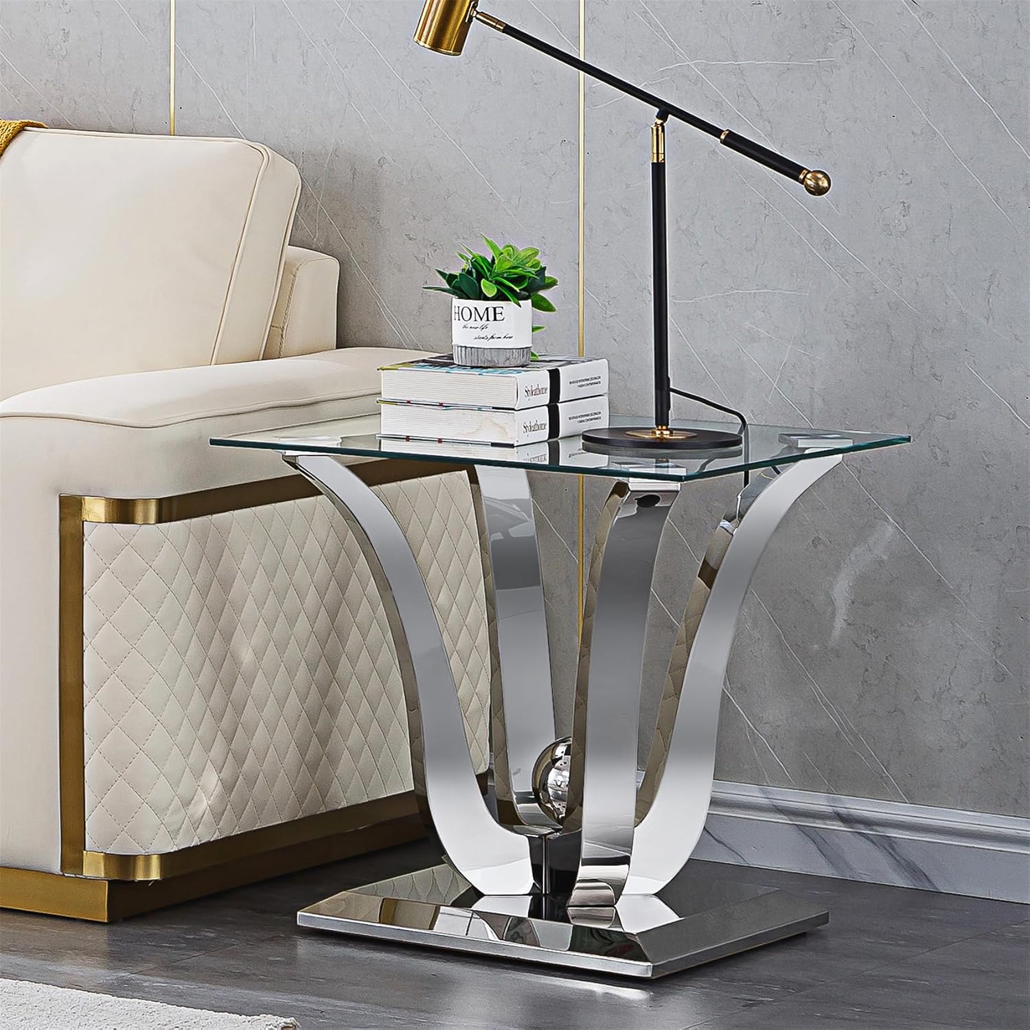 Silver Geometric Glass Side Table