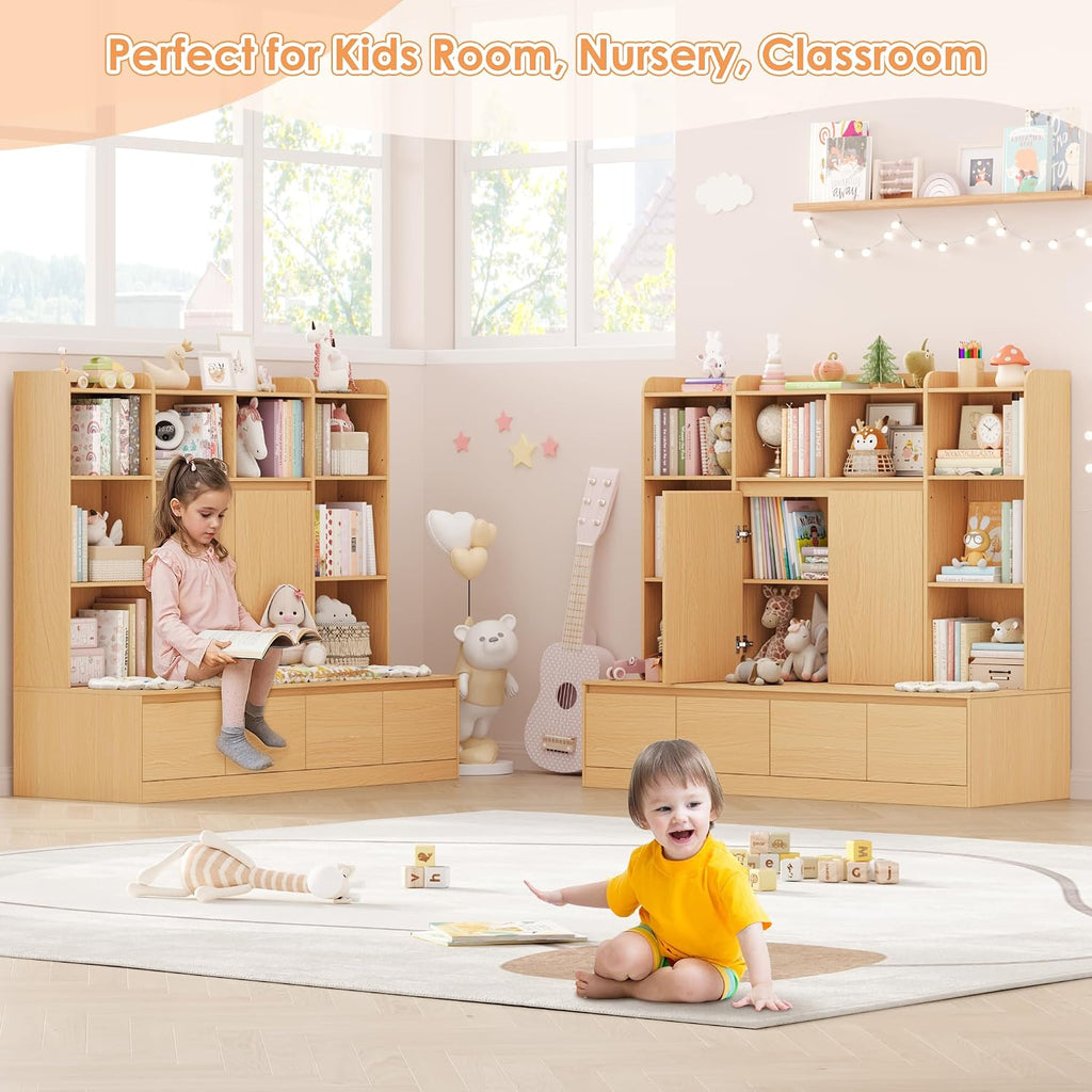 Natural Kids Bookshelf with Reading Nook Bench 54 Inch