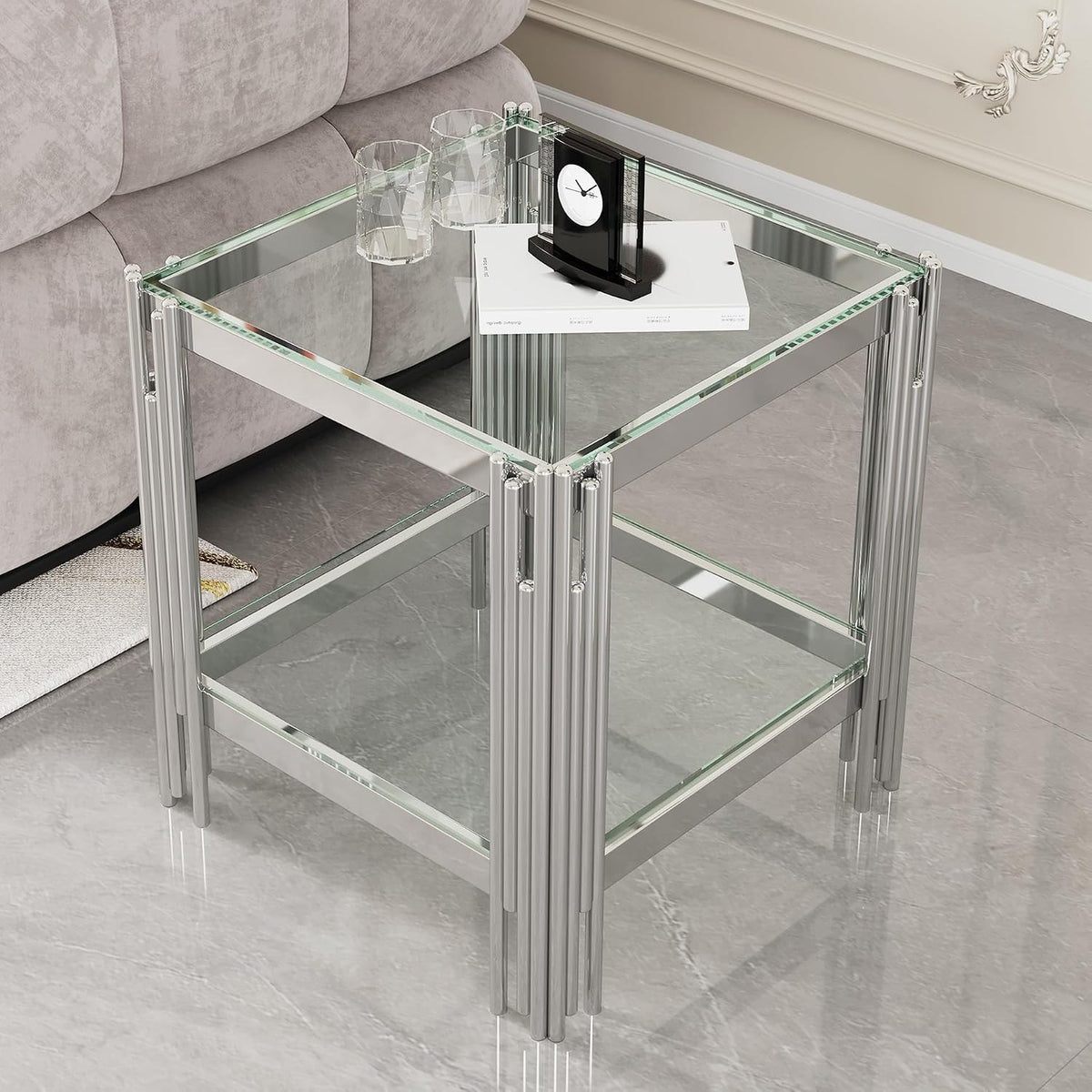 Silver Leg 2-Tier Glass Side Table