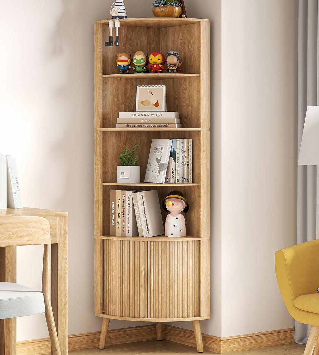 Oak Corner Bookshelf with Sliding Doors 66 Inch