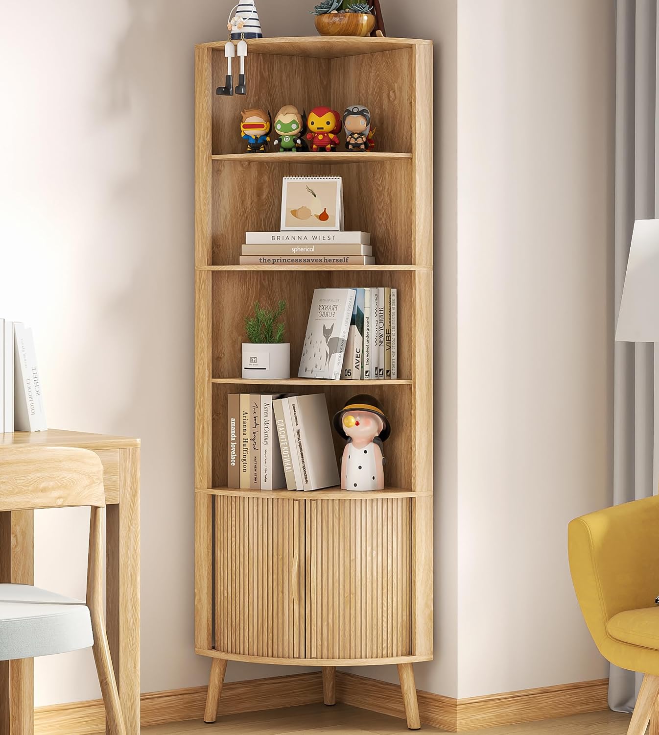 Oak Corner Bookshelf with Sliding Doors 66 Inch