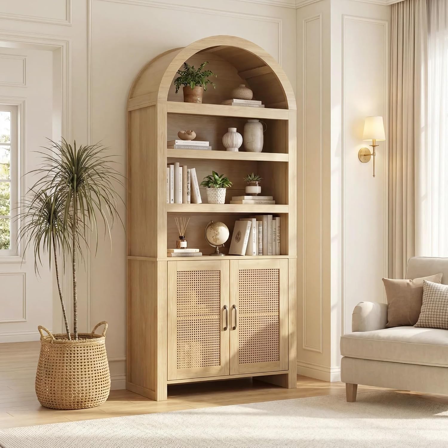 Natural Arched Tall Bookshelf 71 Inch