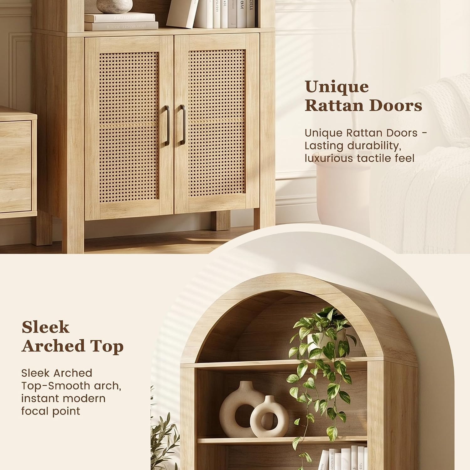 Natural Arched Tall Bookshelf 71 Inch