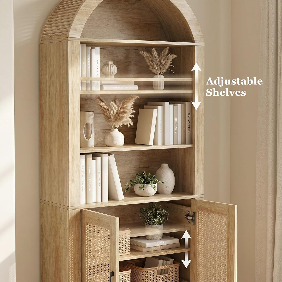 Natural Arched Tall Bookshelf 71 Inch