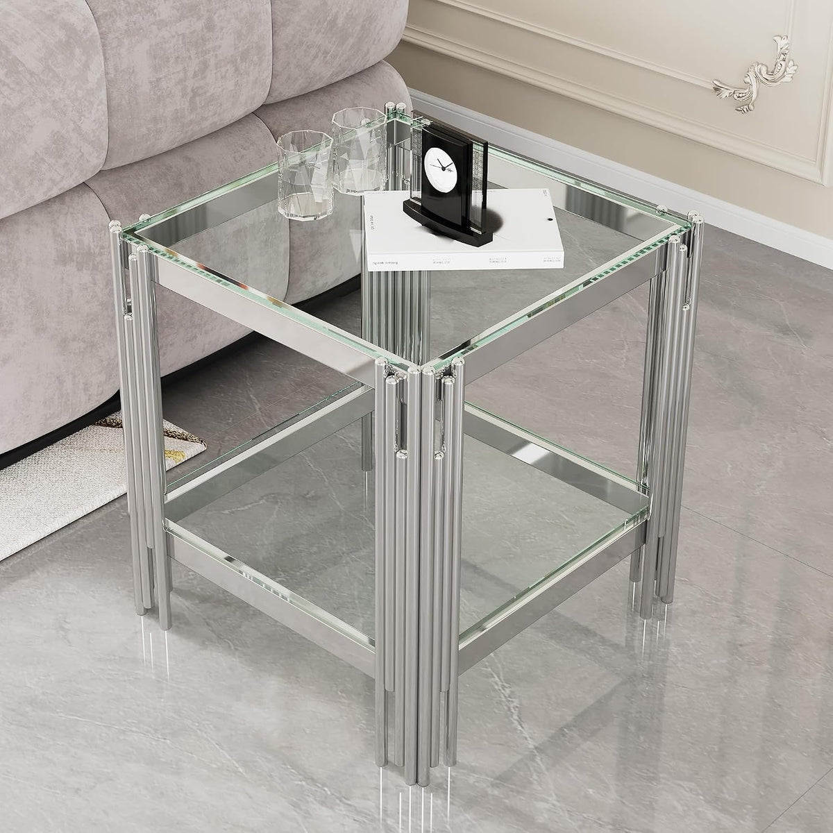 Silver Mirror Base Glass Side Table