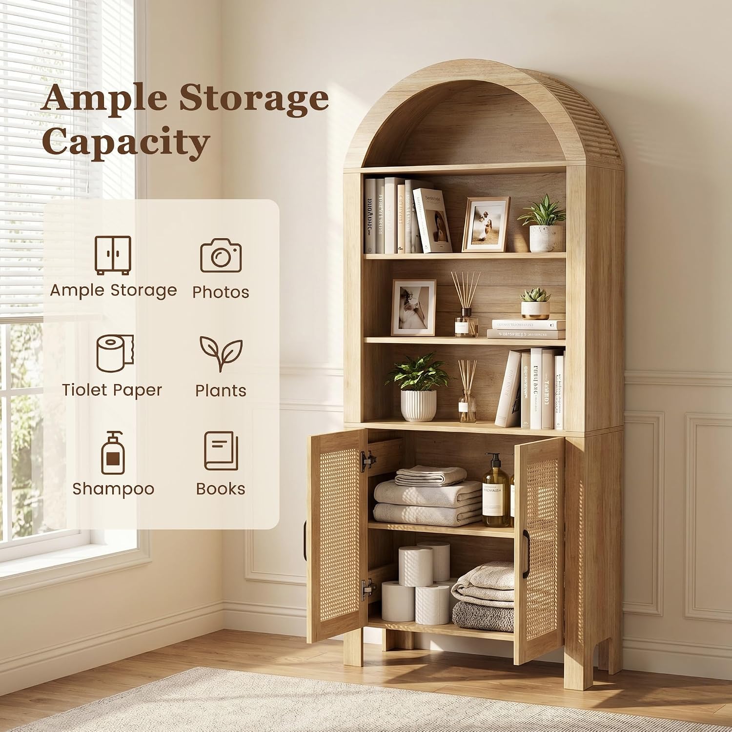Natural Arched Tall Bookshelf 71 Inch