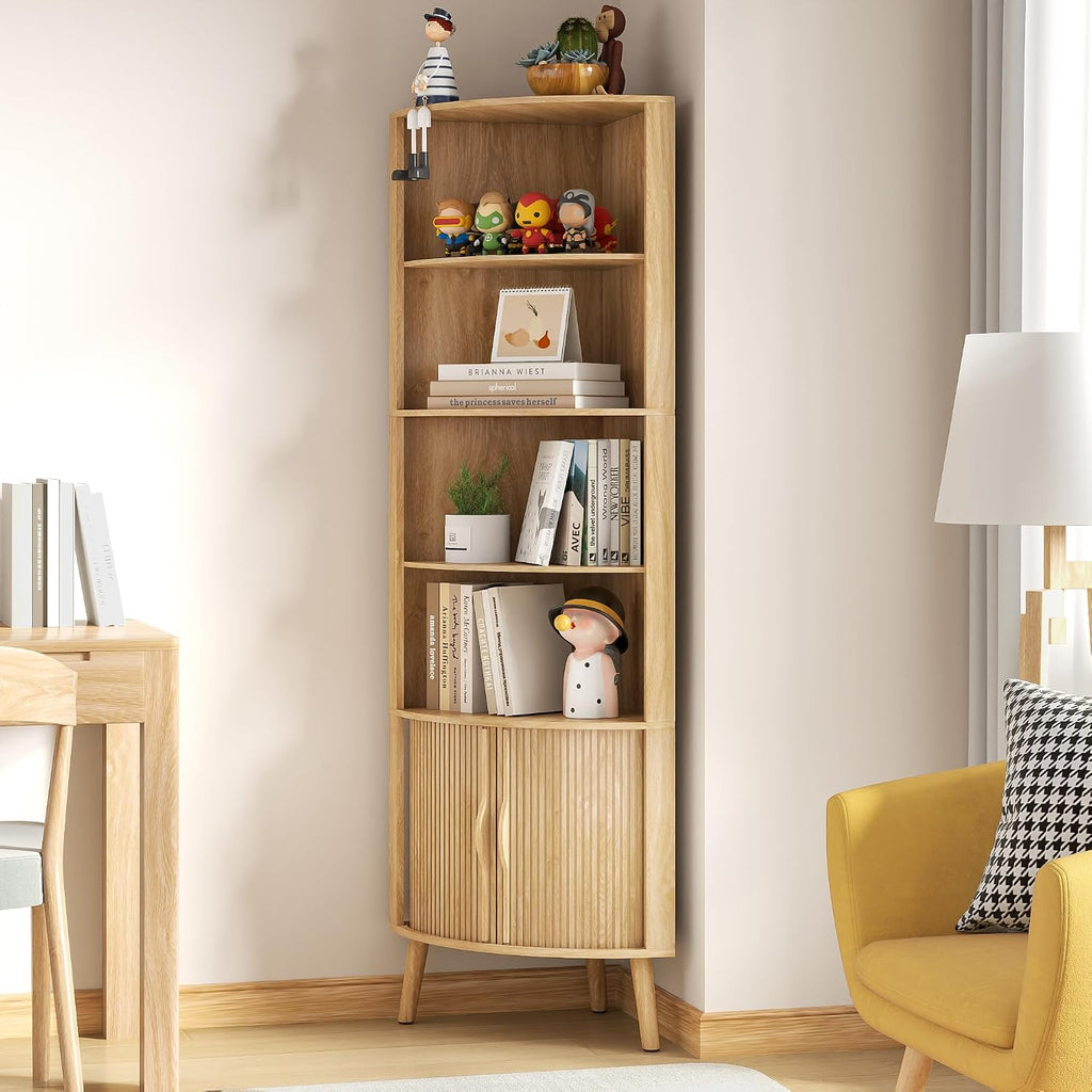 Oak Corner Bookshelf with Sliding Doors 66 Inch