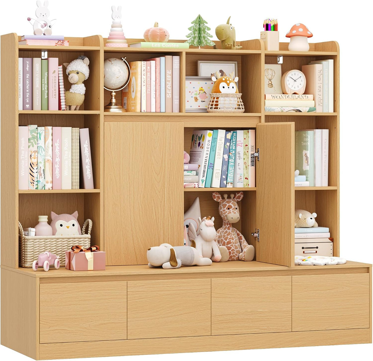 Natural Kids Bookshelf with Reading Nook Bench 54 Inch