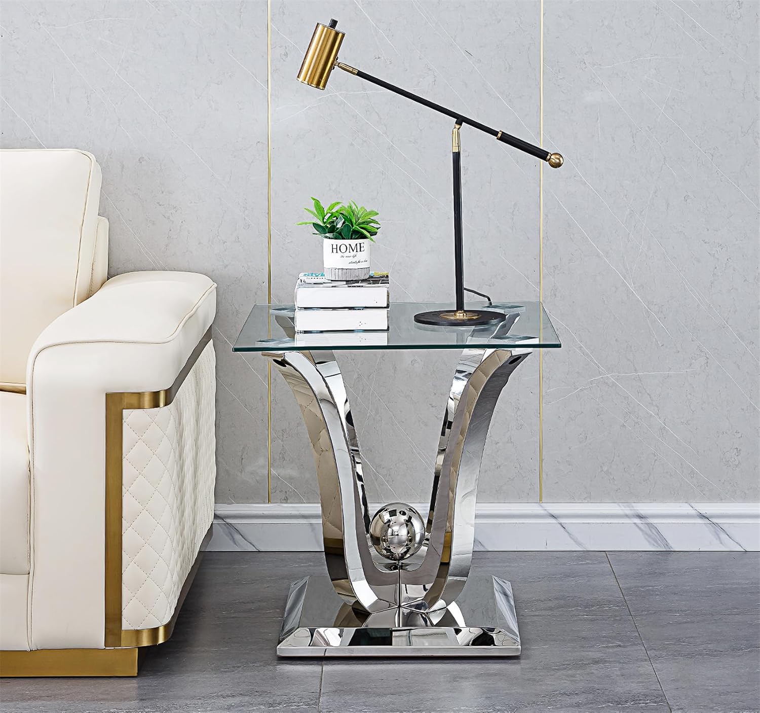 Silver Geometric Glass Side Table