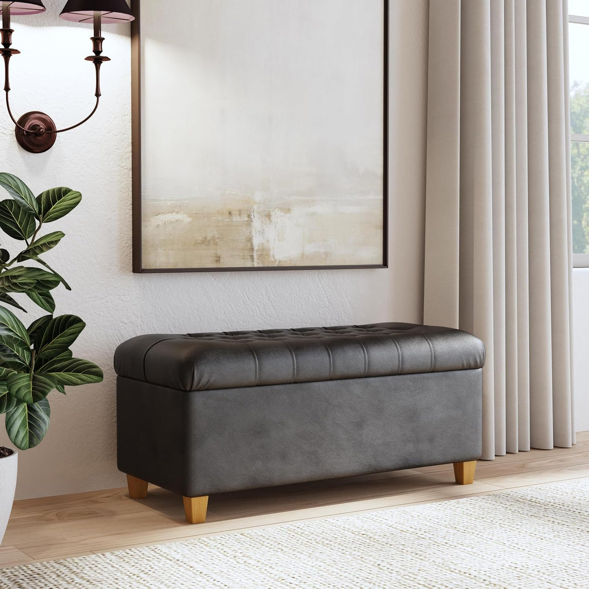 Black Tufted Storage Bench 40 Inch