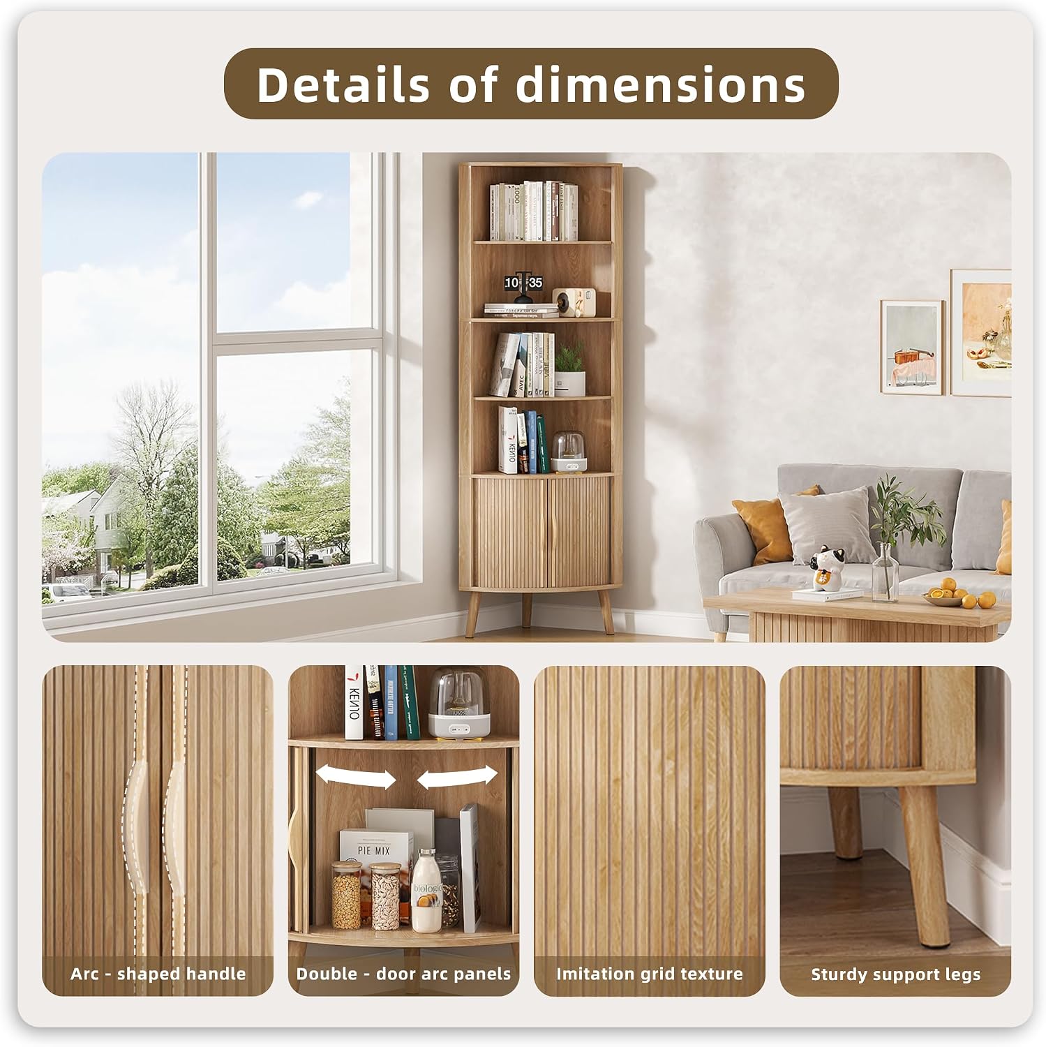 Oak Corner Bookshelf with Sliding Doors 66 Inch
