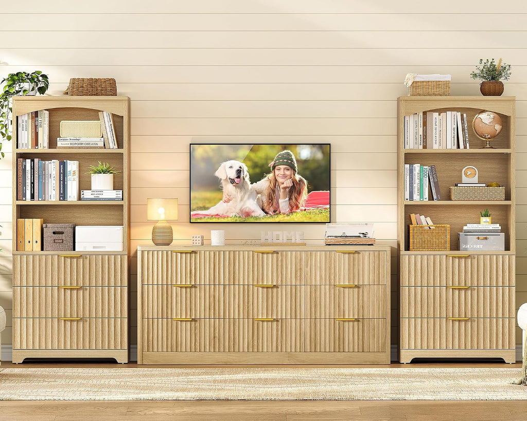 Natural Arched Tall Bookshelf with Drawers 63.3 Inch