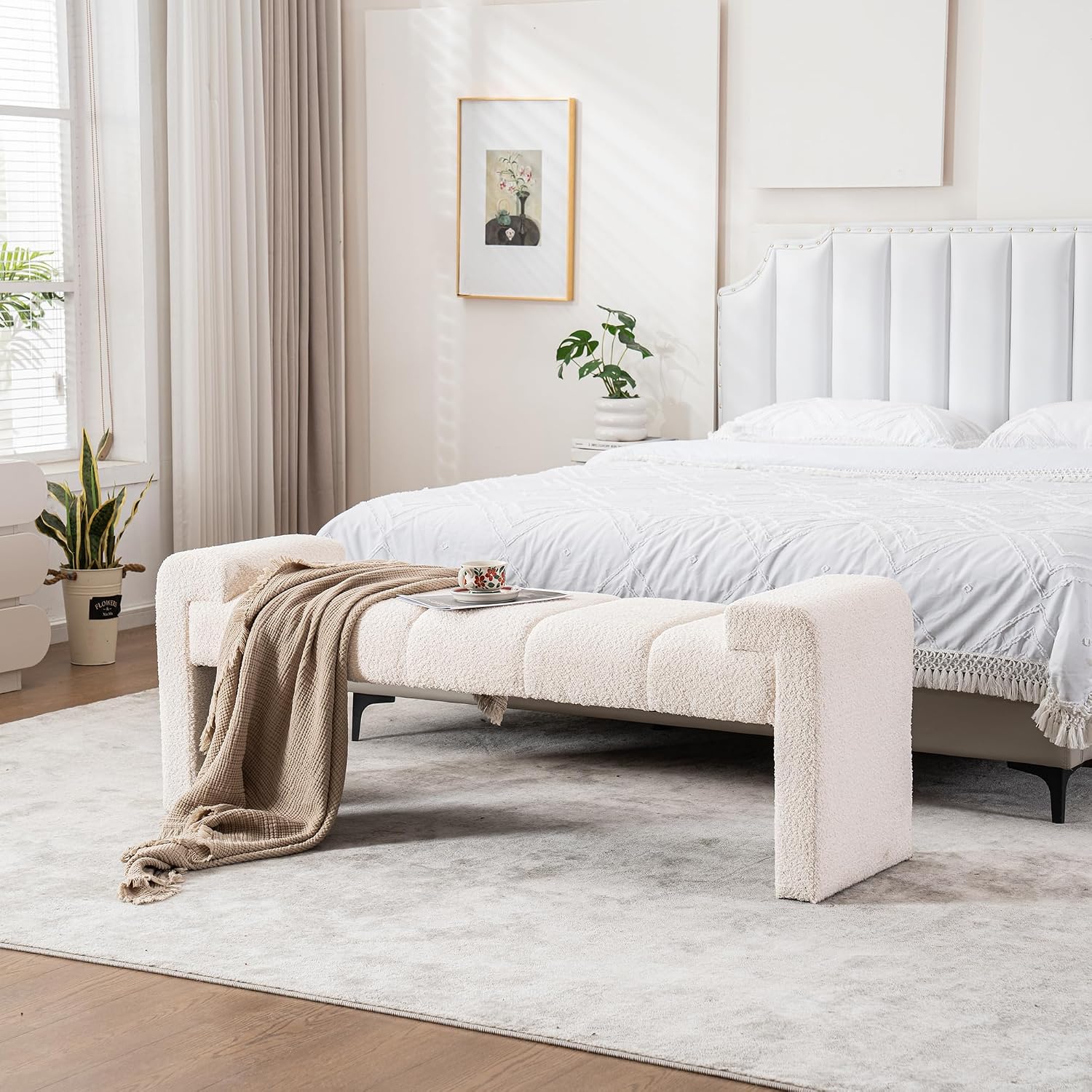 Ivory Boucle King Size Bed End Bench 60 Inch