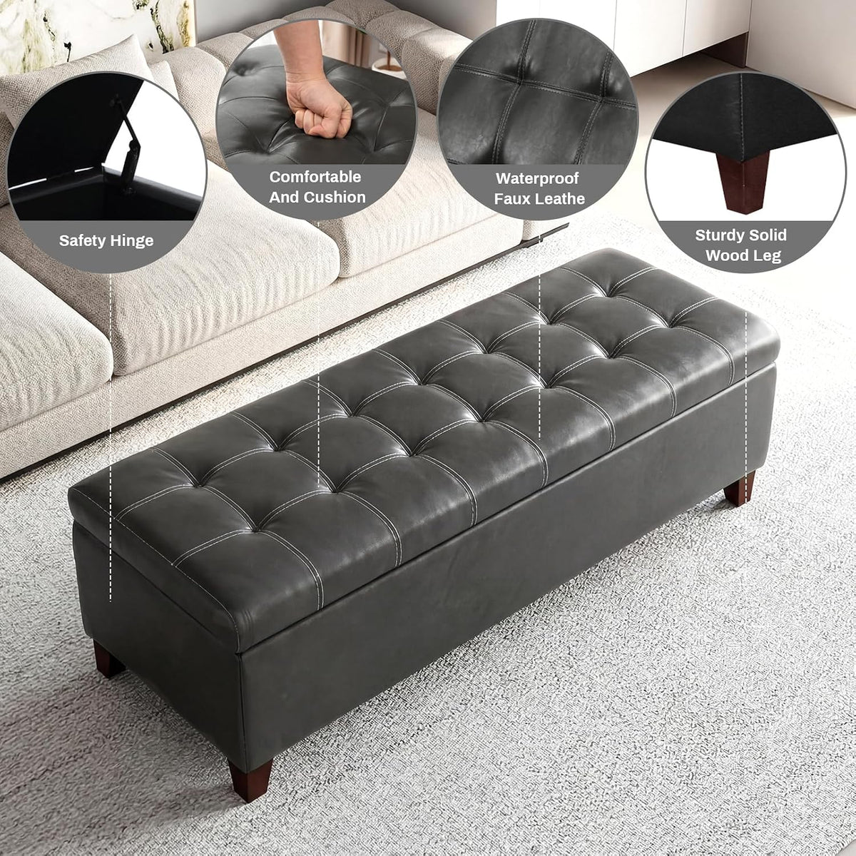 Gray Faux Leather Storage Ottoman Bench 51 Inch