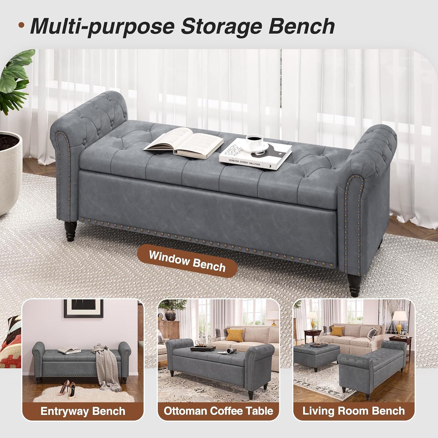 Gray Storage Bed Bench 65 Inch