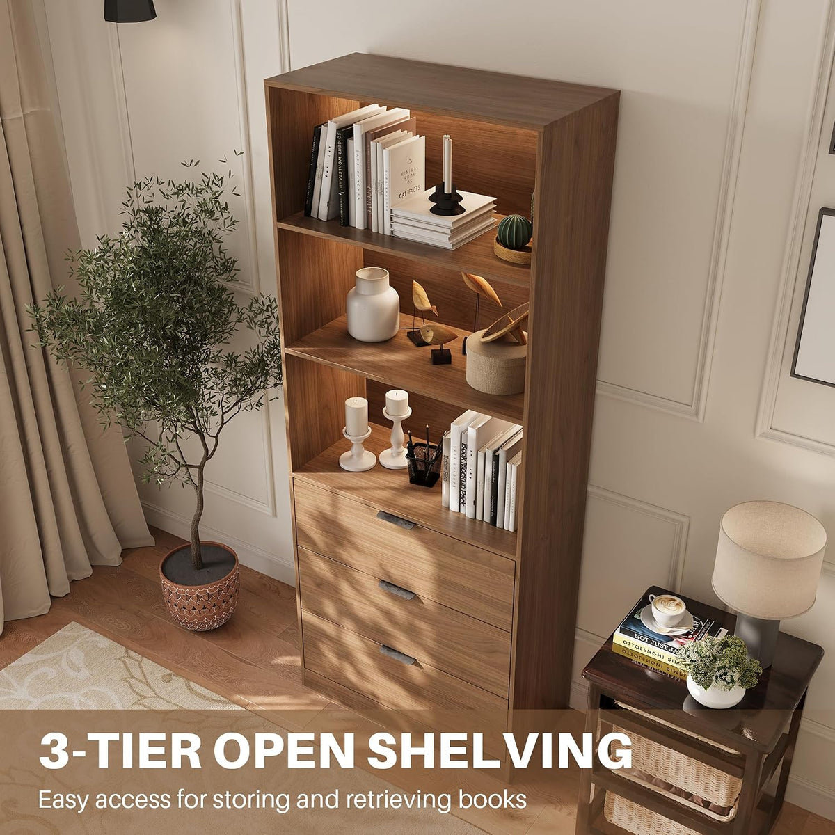 LED Tall Bookshelf with Drawers