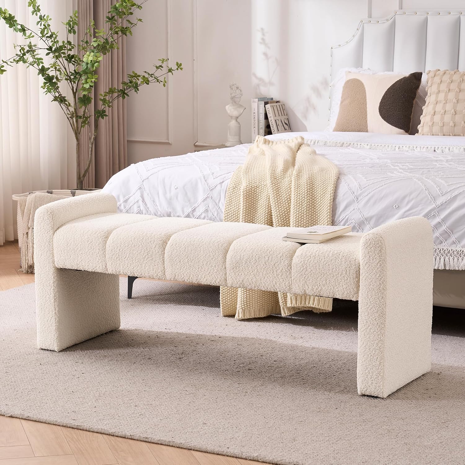 Ivory White Boucle Bench 54 Inch