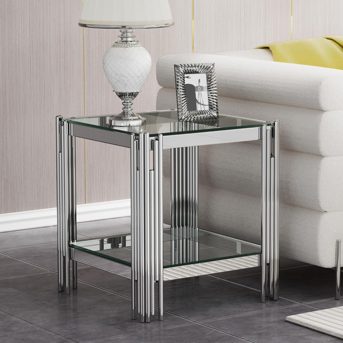 Silver Mirror Base Glass Side Table