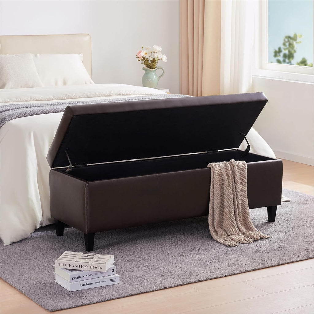 Brown Faux Leather Storage Ottoman Bench 50.3 Inch