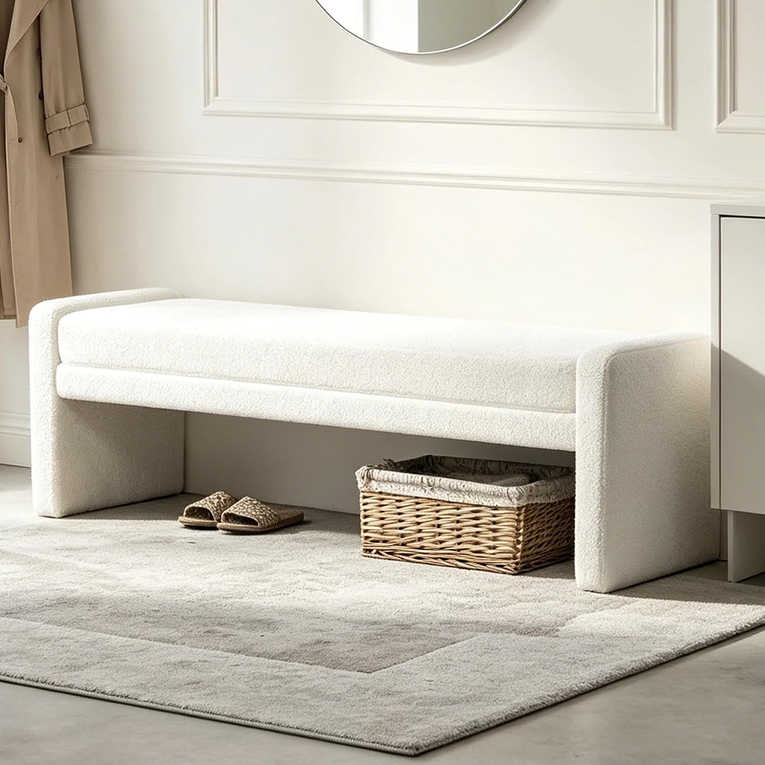 White Upholstered Bed End Bench 66.9 Inch